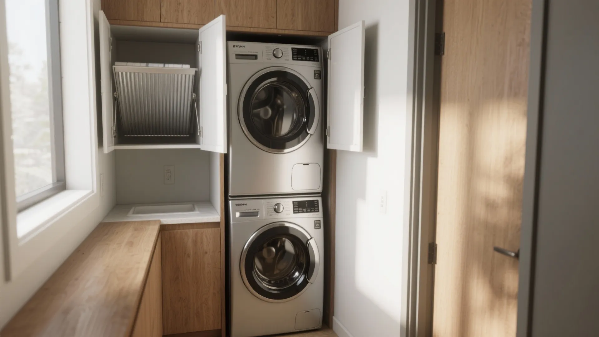 Stacked washer and dryer with a shallow folding ledge extended above in a compact mudroom.