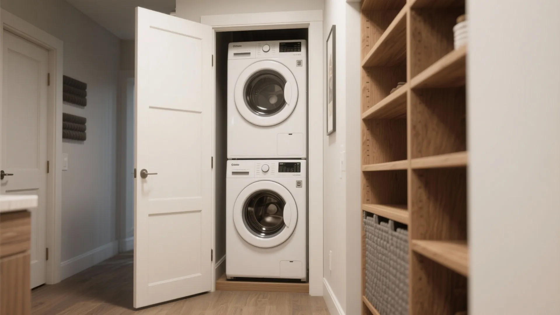 White stacked washing machine and dryer inside a small laundry closet with open white door