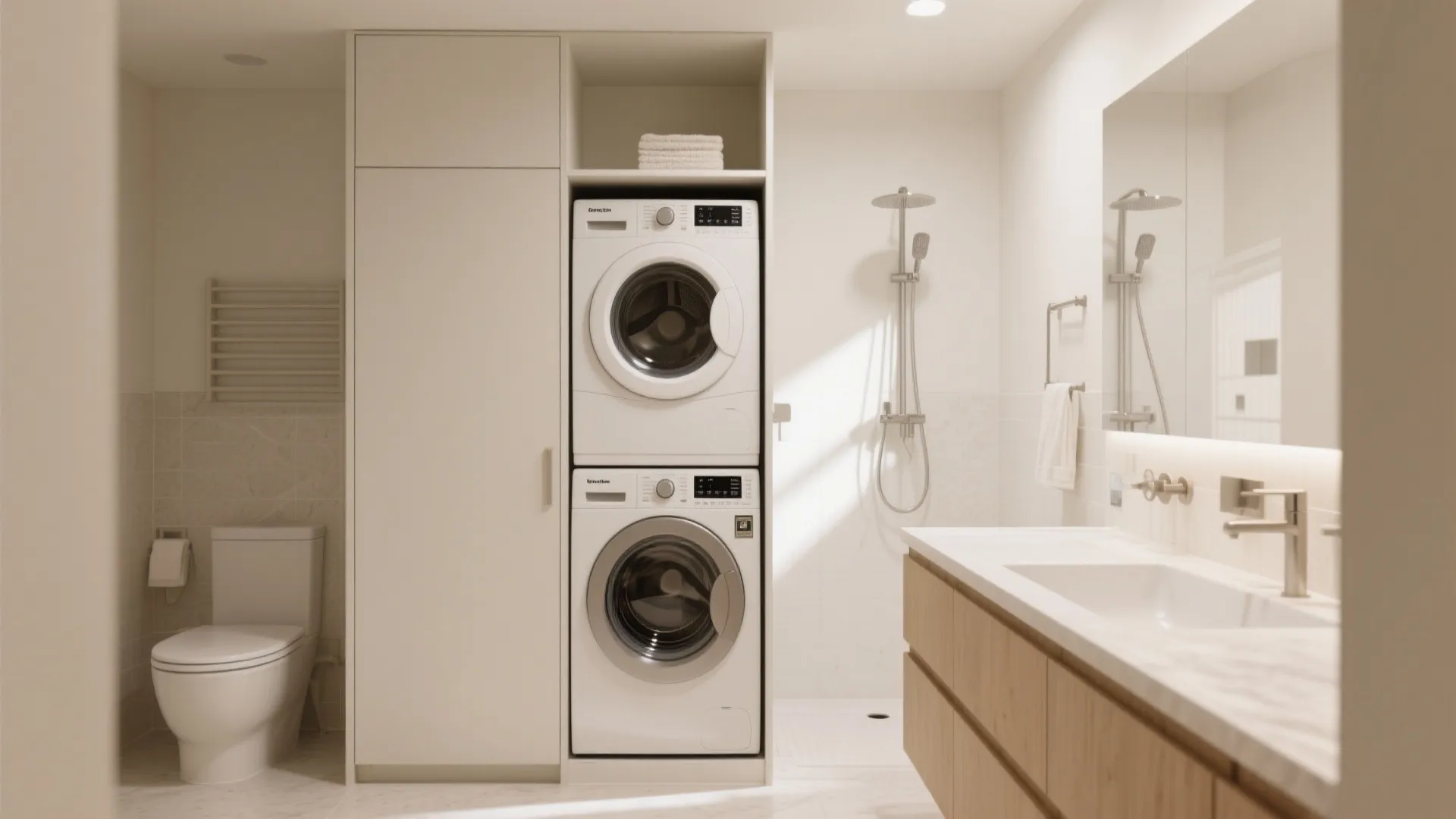 Modern bathroom featuring stacked washing machine and dryer inside white cabinets next to a toilet