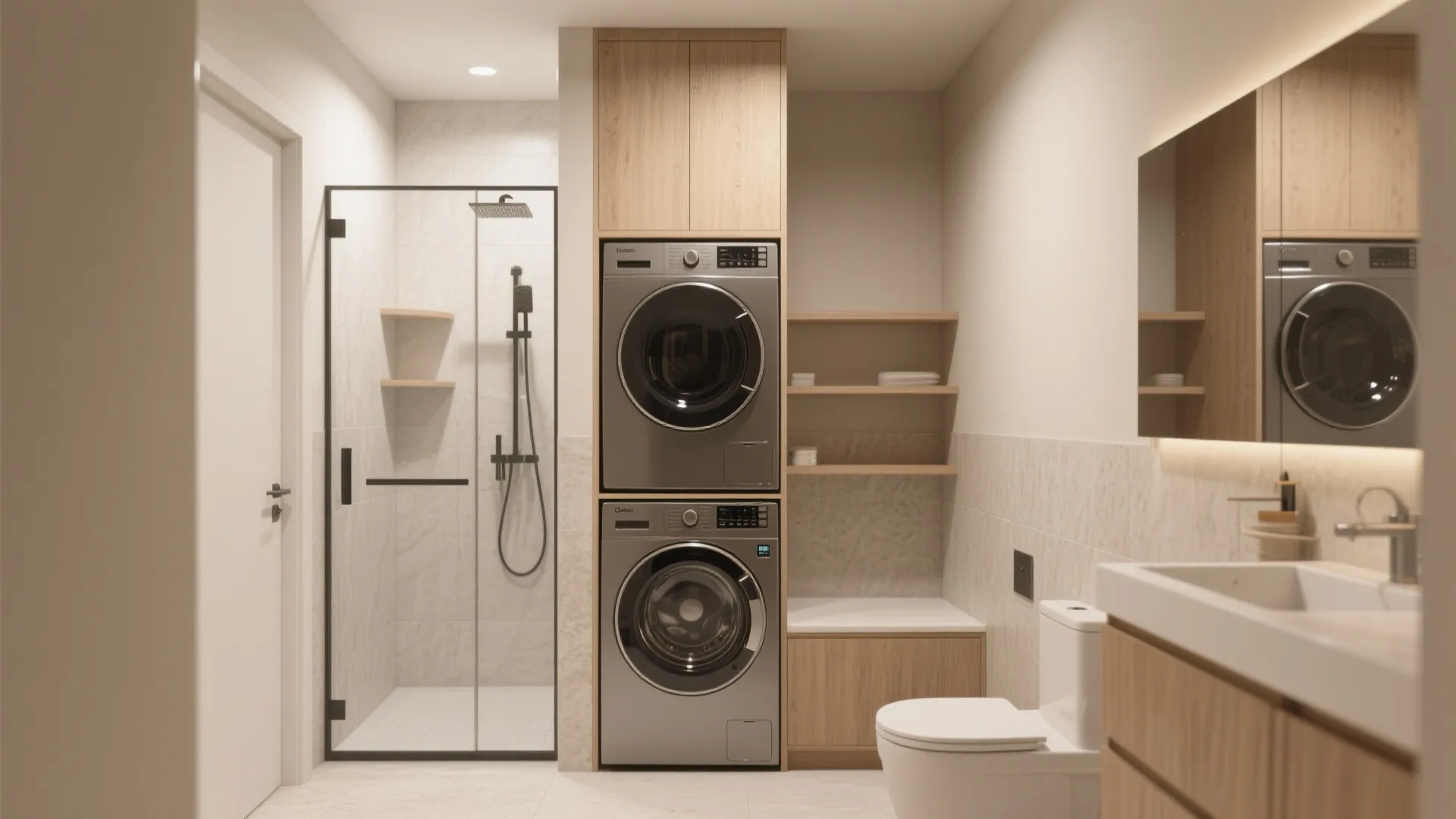 Functional bathroom layout with stacked washing machine dryer shower area white toilet and wooden vanity