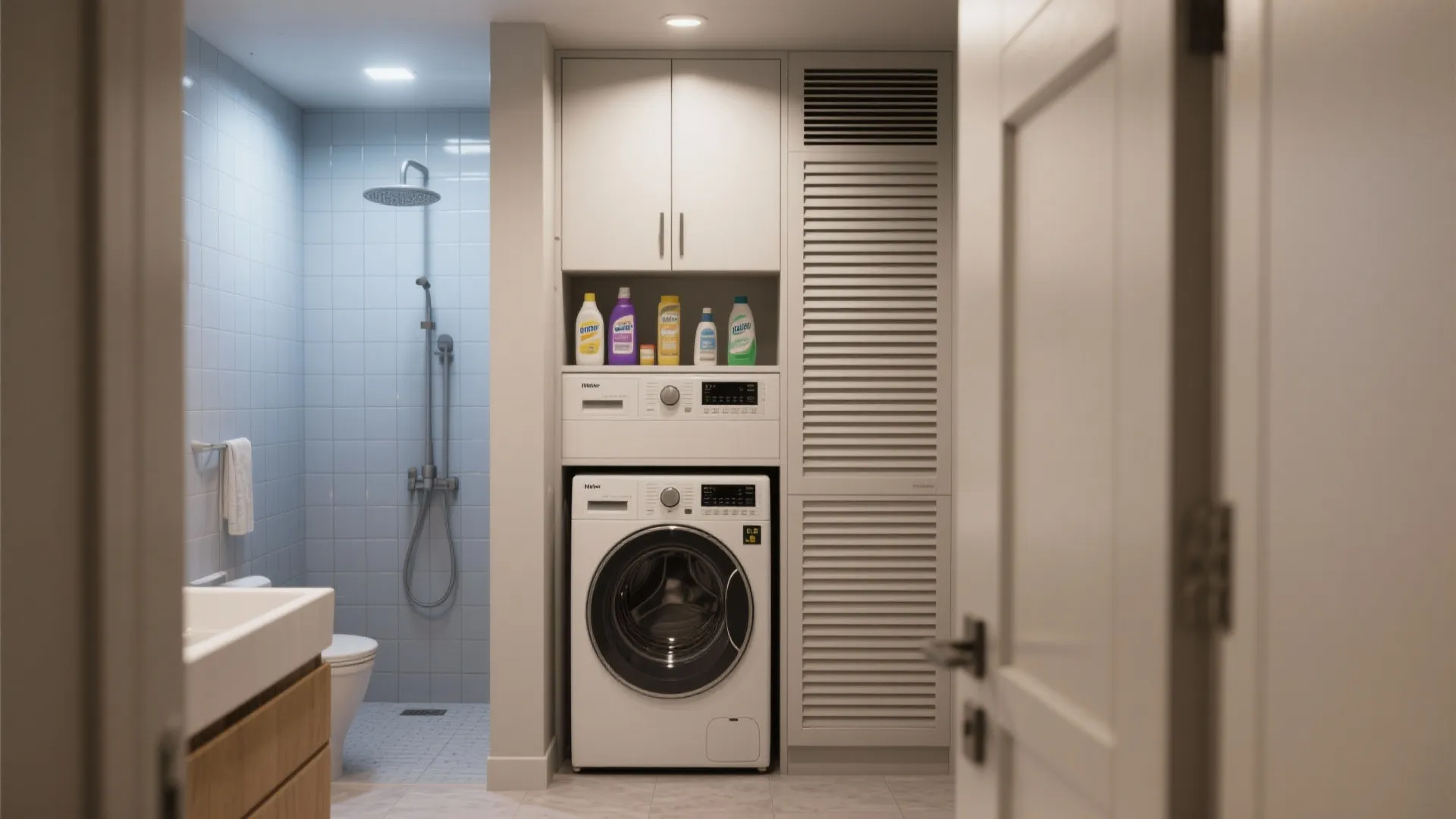 4. Bathroom-Adjoining Laundry to Save Footprint