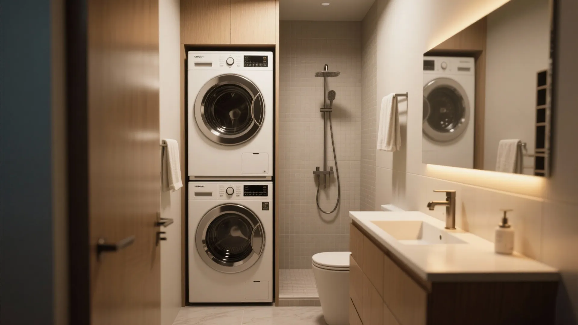 Modern bathroom featuring stacked white washer and dryer next to a walk-in shower and sink