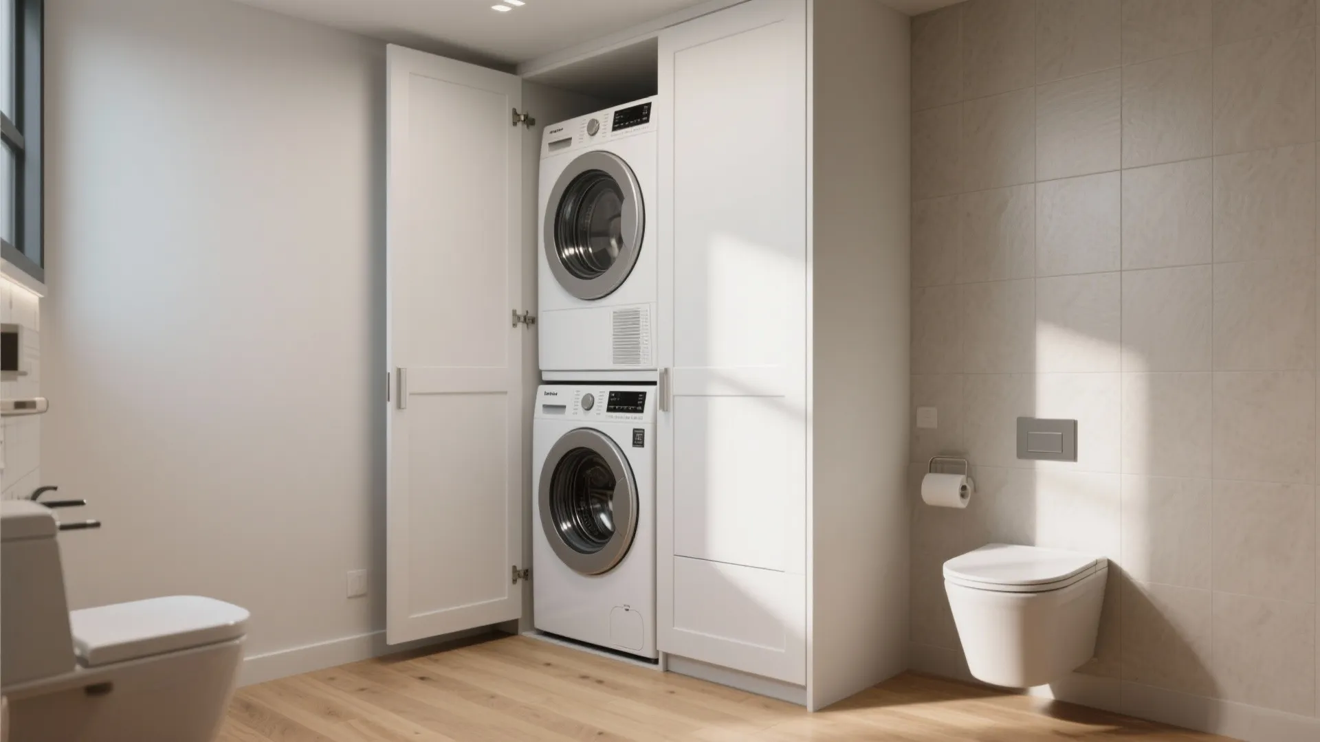 White laundry cabinet with stacked washing machine and dryer next to a wall hung toilet