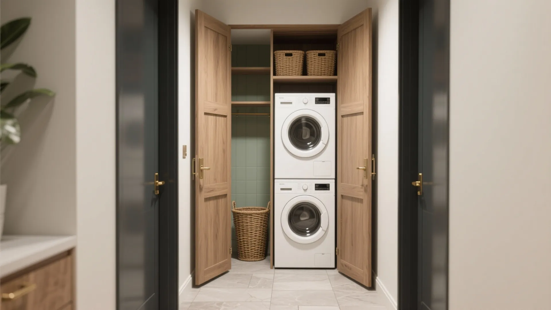 Stacked white washer and dryer machine inside a wooden closet with open doors and baskets