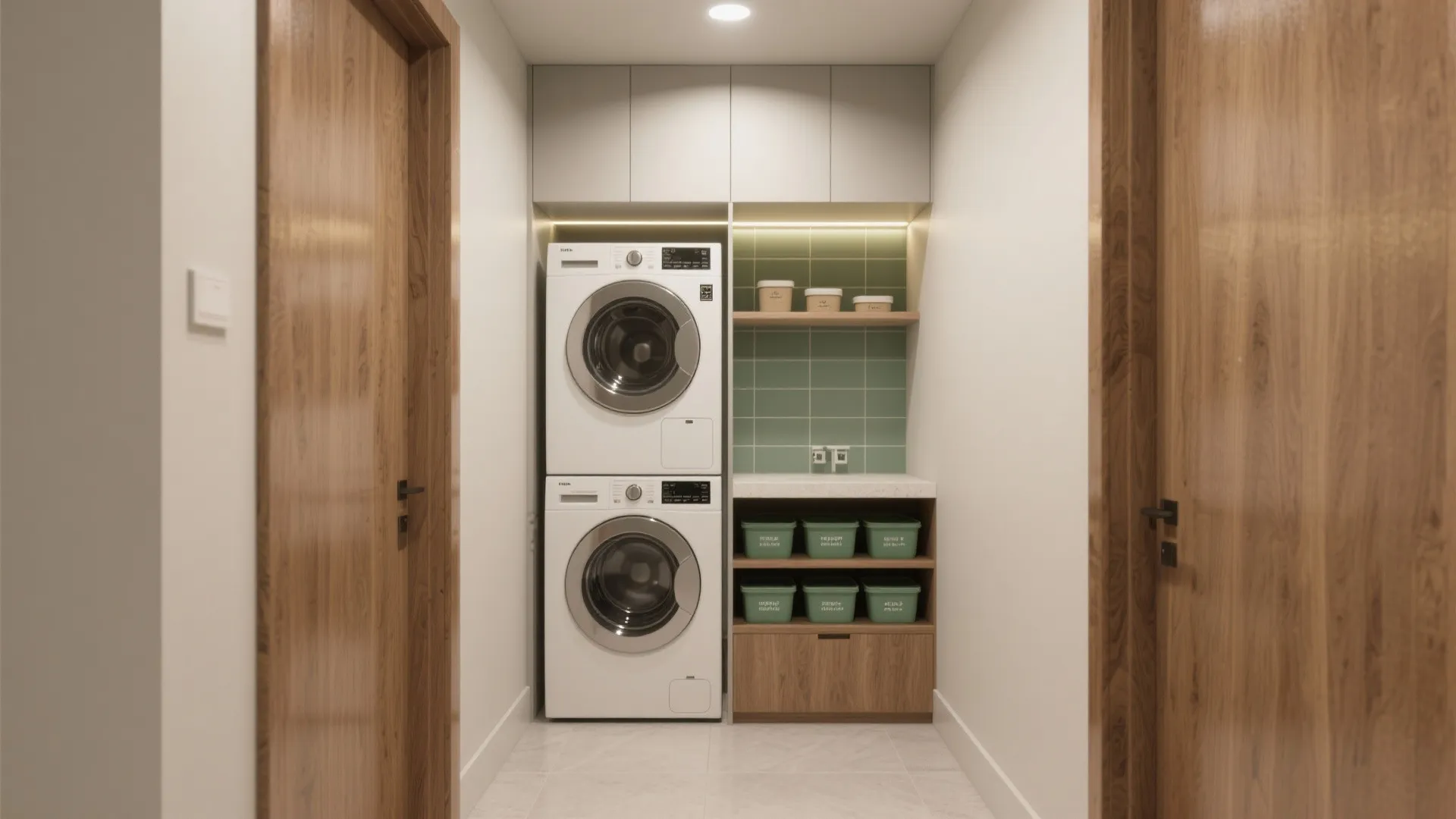 Modern laundry room with stacked machines green wall tiles wooden shelves and two wooden doors