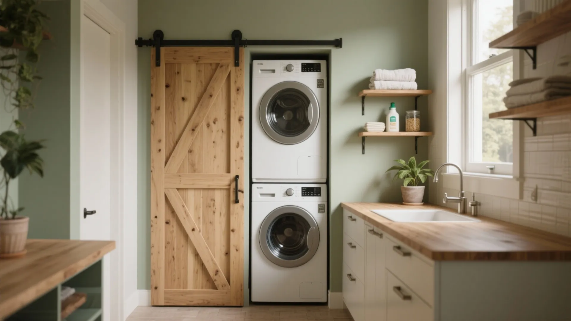 Stacked white washer and dryer unit next to a wooden sliding door in green laundry
