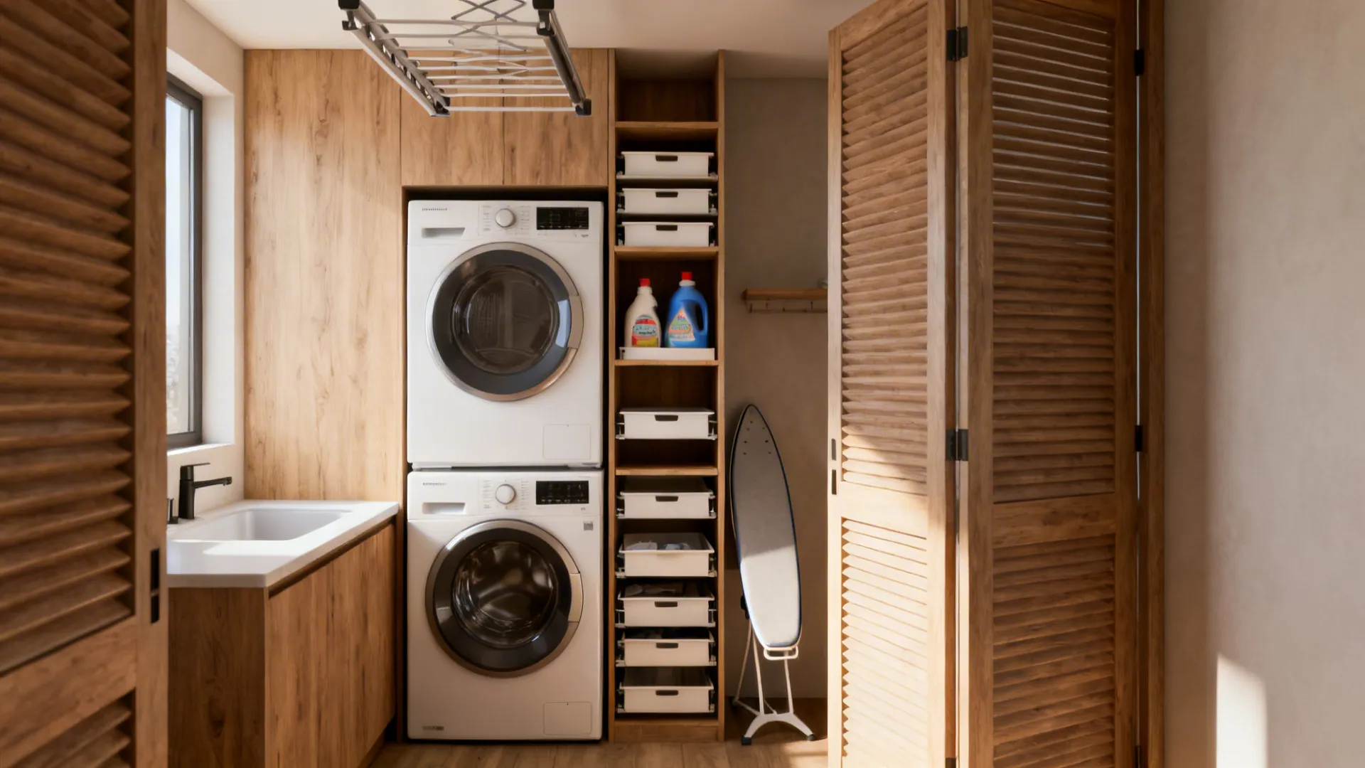 Stacked washing machine and dryer inside wooden cabinet with sink and storage shelves in laundry