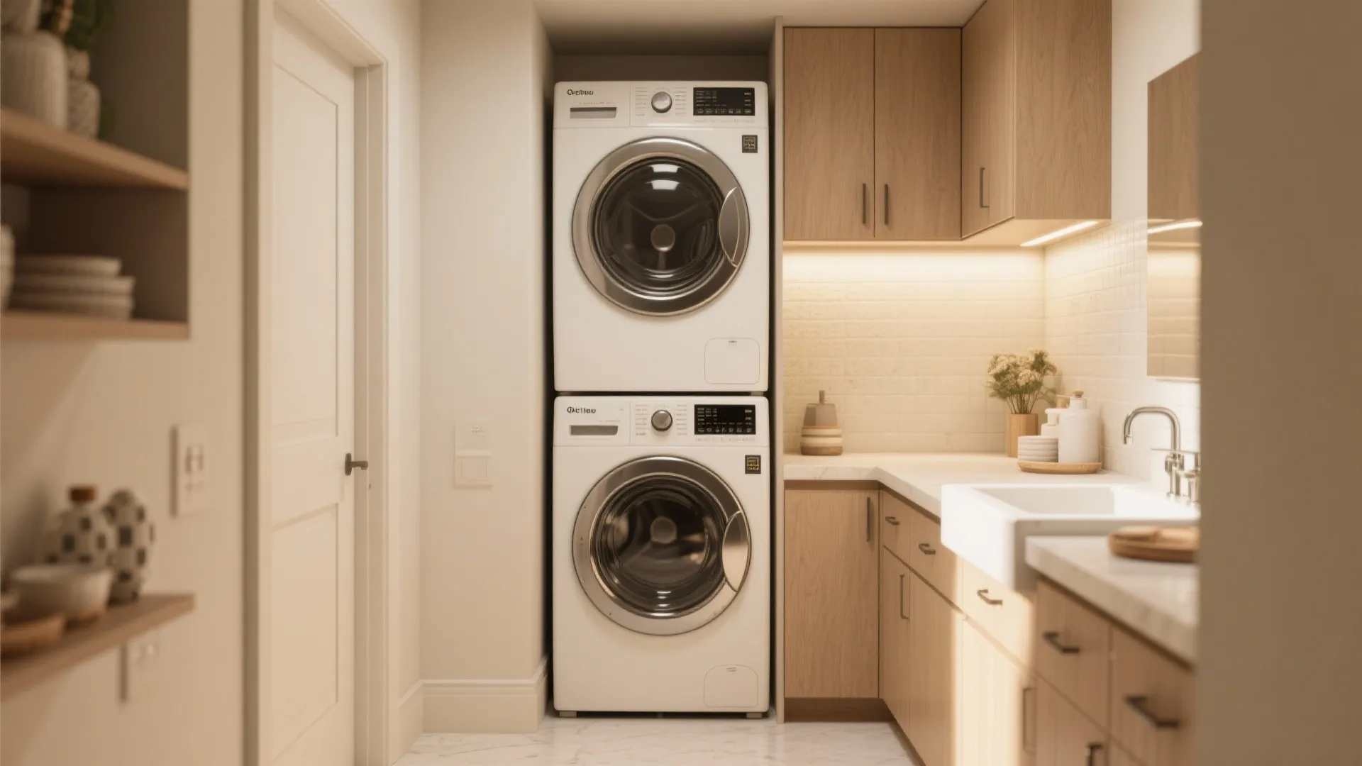 Modern laundry room with stacked white washing machines wooden cabinets white sink and warm lighting