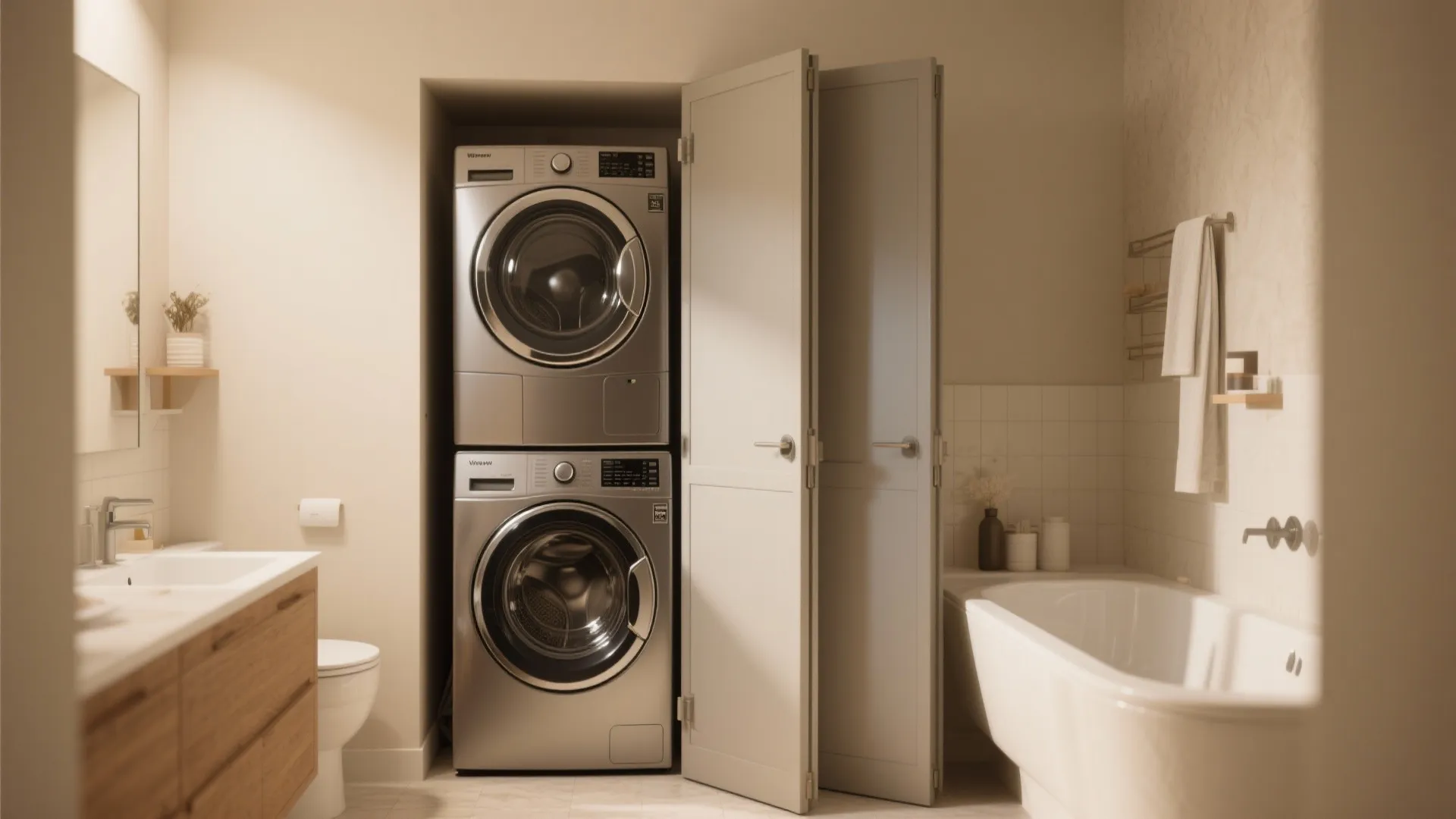 Modern bathroom with stacked washing machine and dryer inside a wall niche behind folding doors