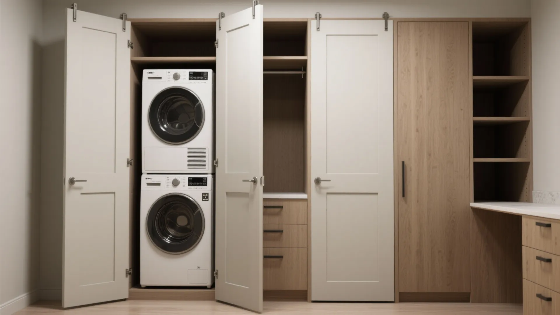 Modern laundry closet with stacked white washing machine and dryer behind open white cabinet doors