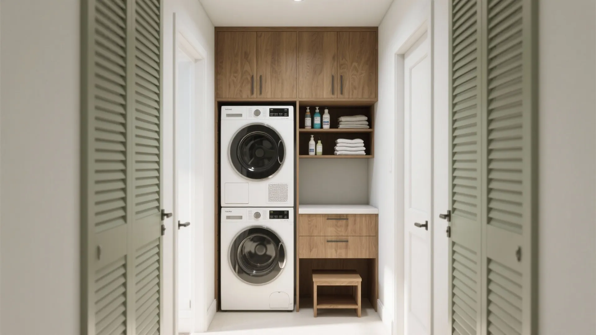 Stacked white washing machine and dryer inside a wooden laundry cabinet with shelves and footrest