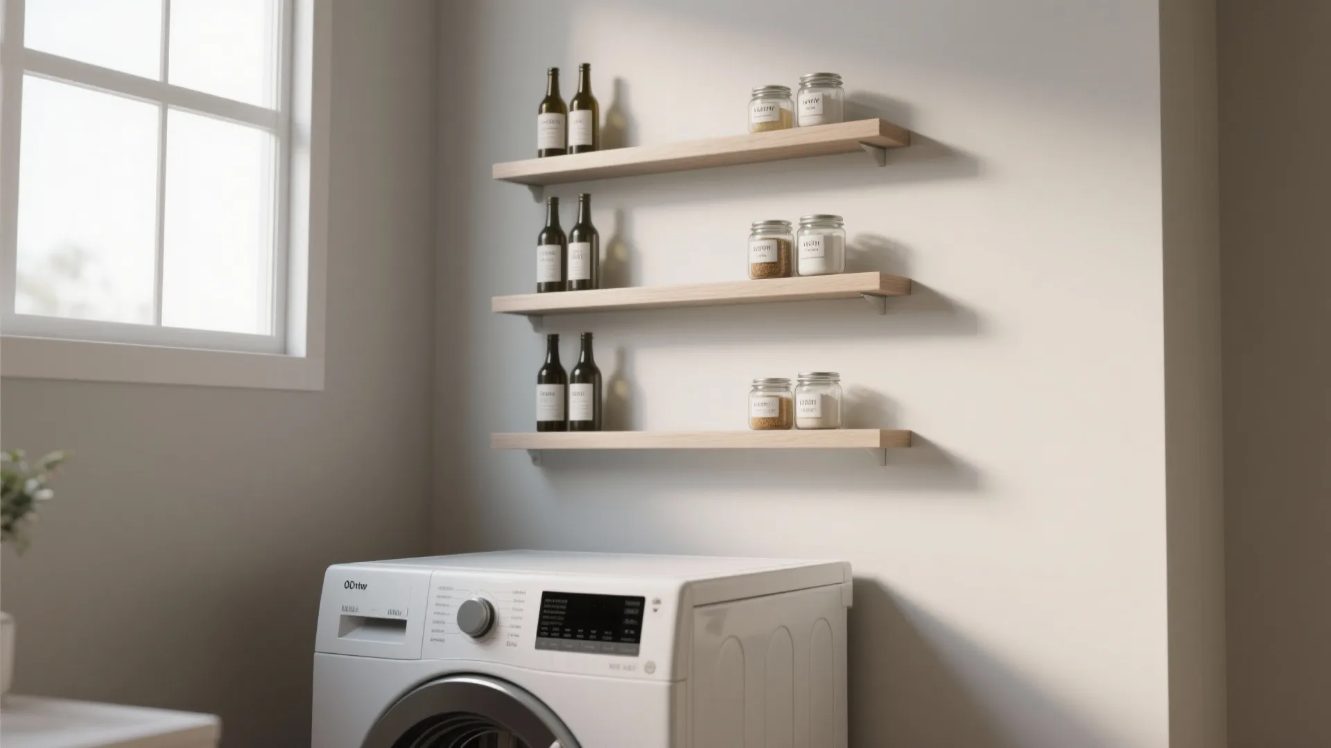 Three wooden wall shelves holding glass jars and bottles above a white front loading washer