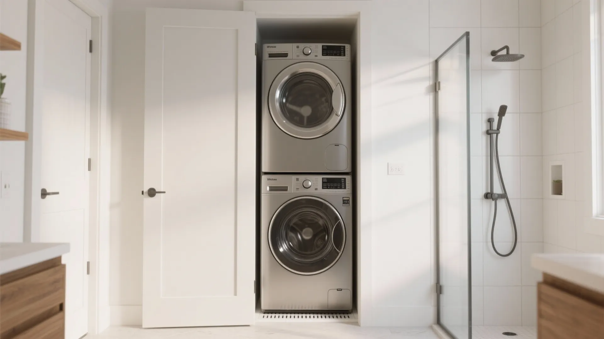 Silver stacked washing machine and dryer set inside white wall niche next to open bathroom door