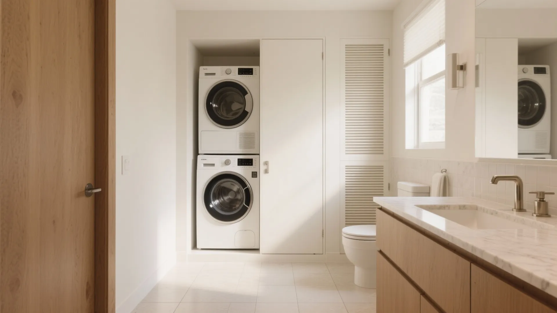 Stacked washer-dryer tower inside a built-in niche