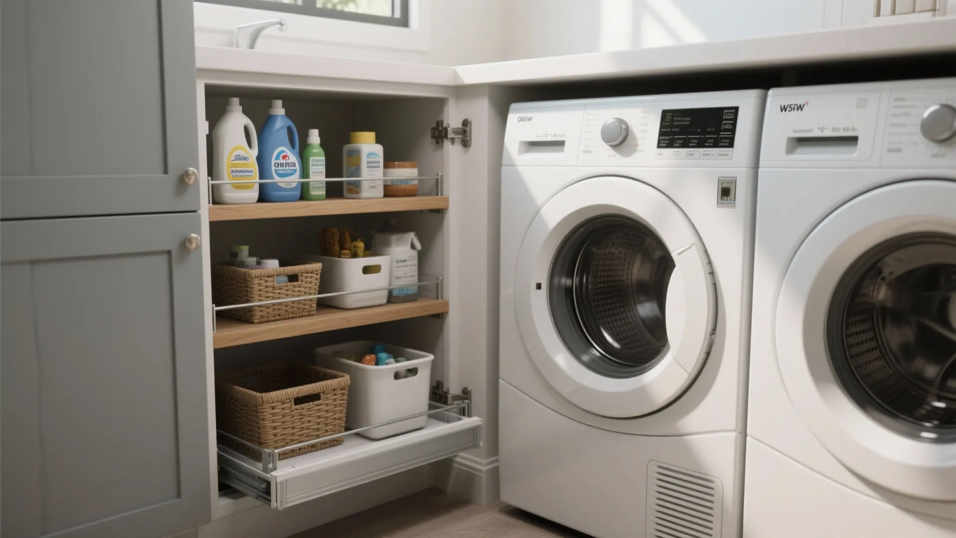 Pull-out laundry cabinet with detergent bottles and baskets next to a white front-load washing machine