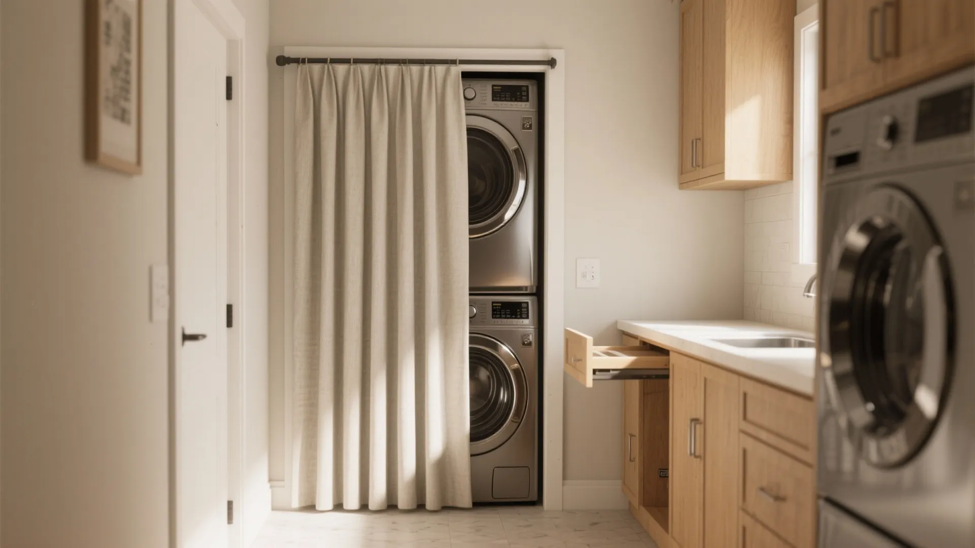 Stacked washer and dryer tucked into an alcove with a slim bifold door and a drop-leaf folding shelf.