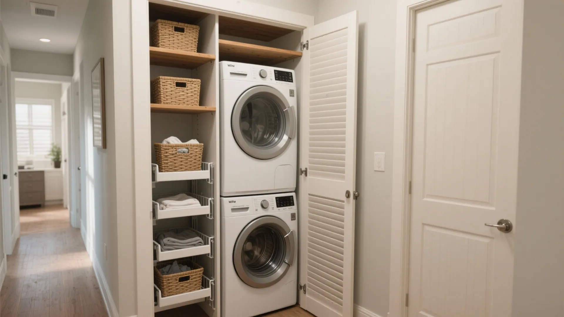 Stacked white washing machine and dryer in laundry closet with wooden shelves and woven baskets