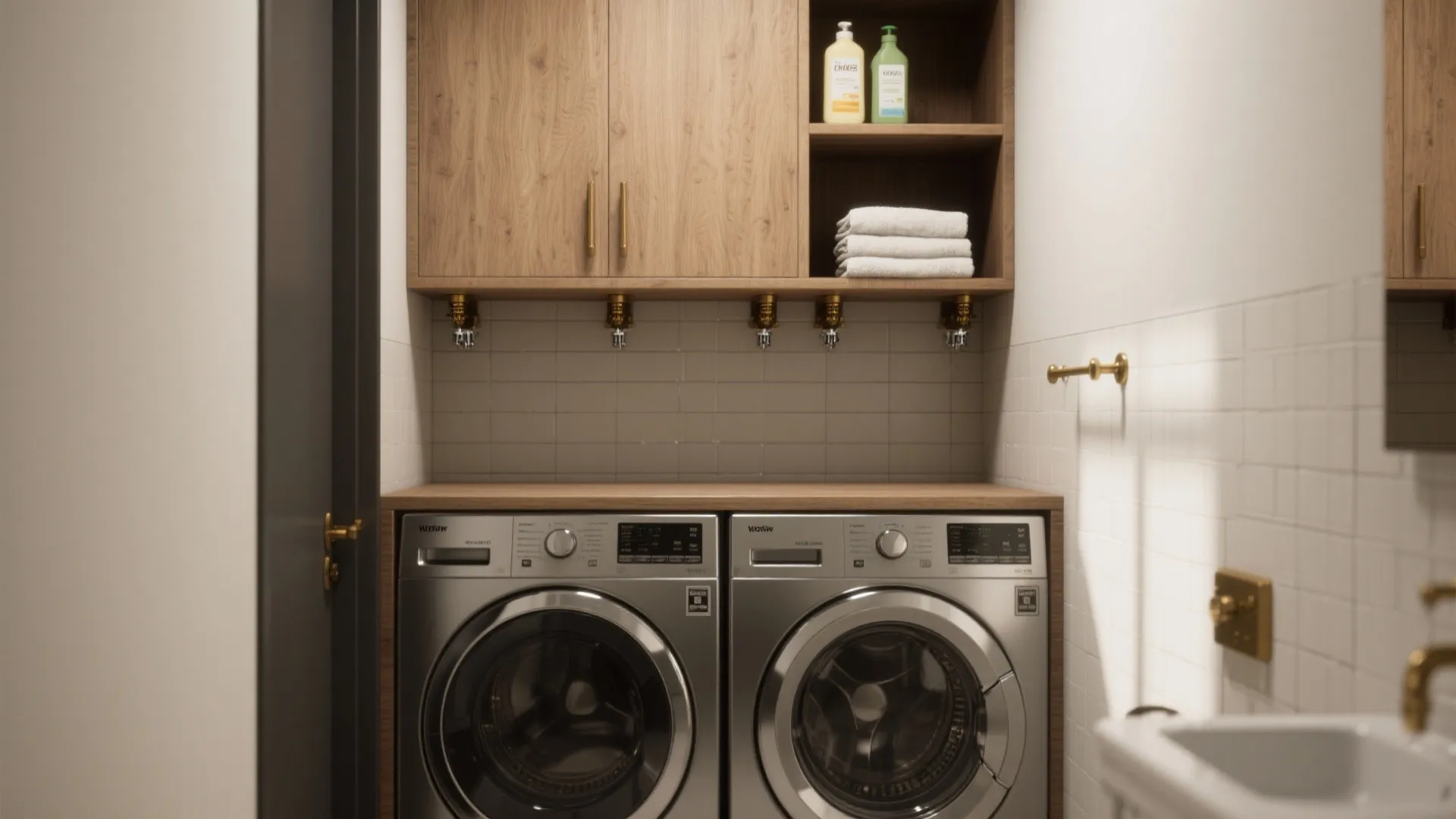 1. Stacked Washer-Dryer Nook with Vertical Storage