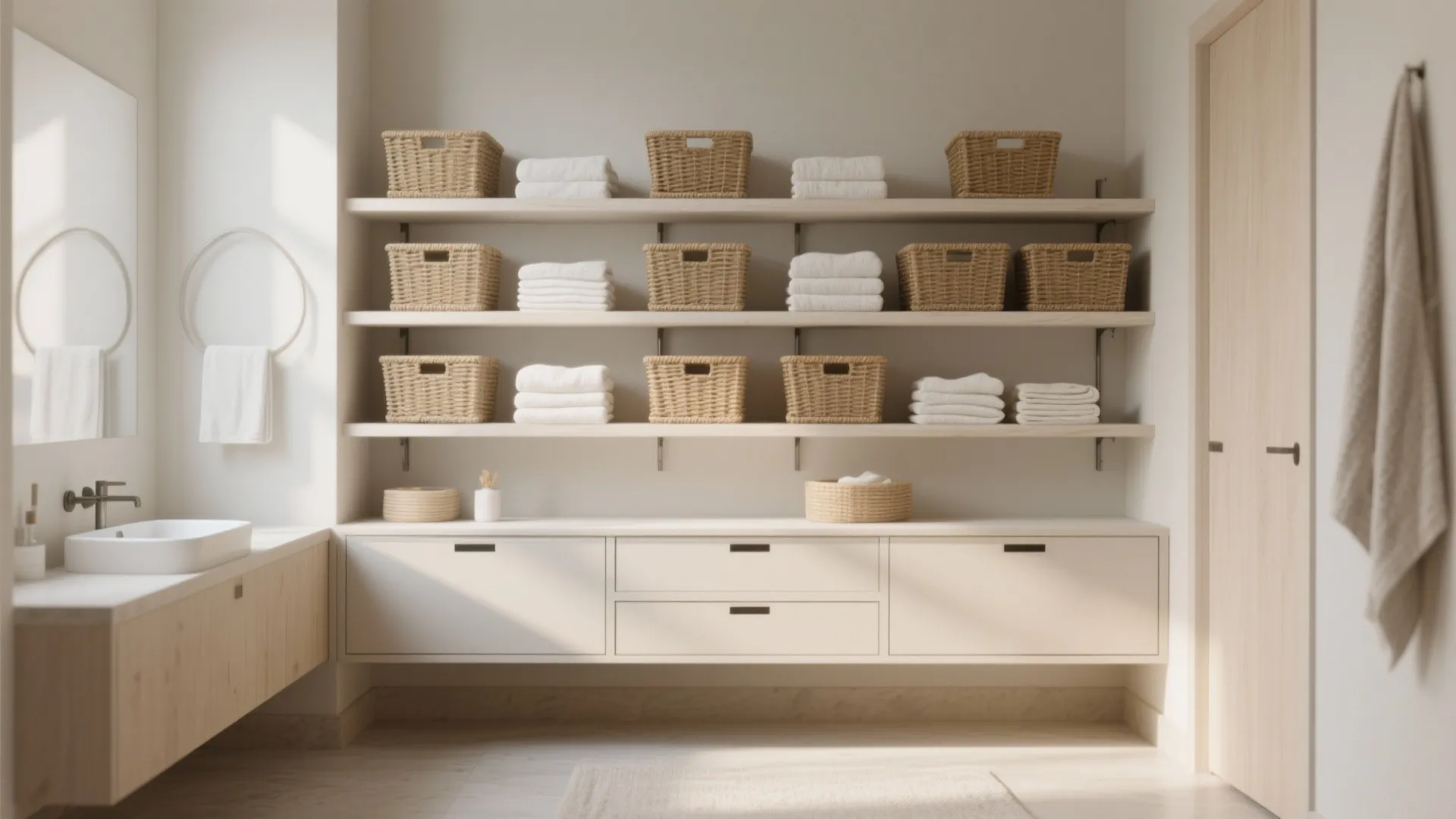 Minimalist bathroom storage with white drawers and wooden shelves holding many woven baskets and towels