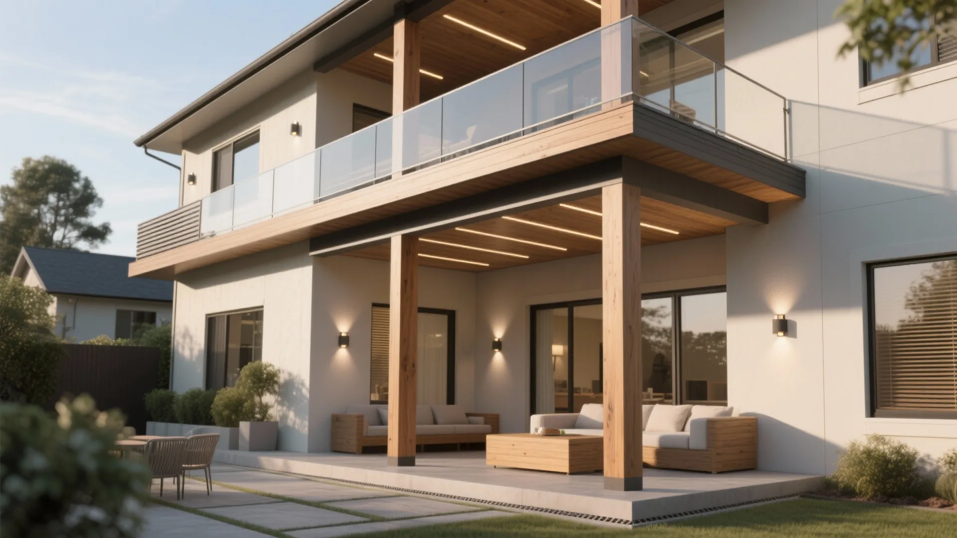 Upstairs balcony stacked above a shaded patio with aligned structure and warm materials.