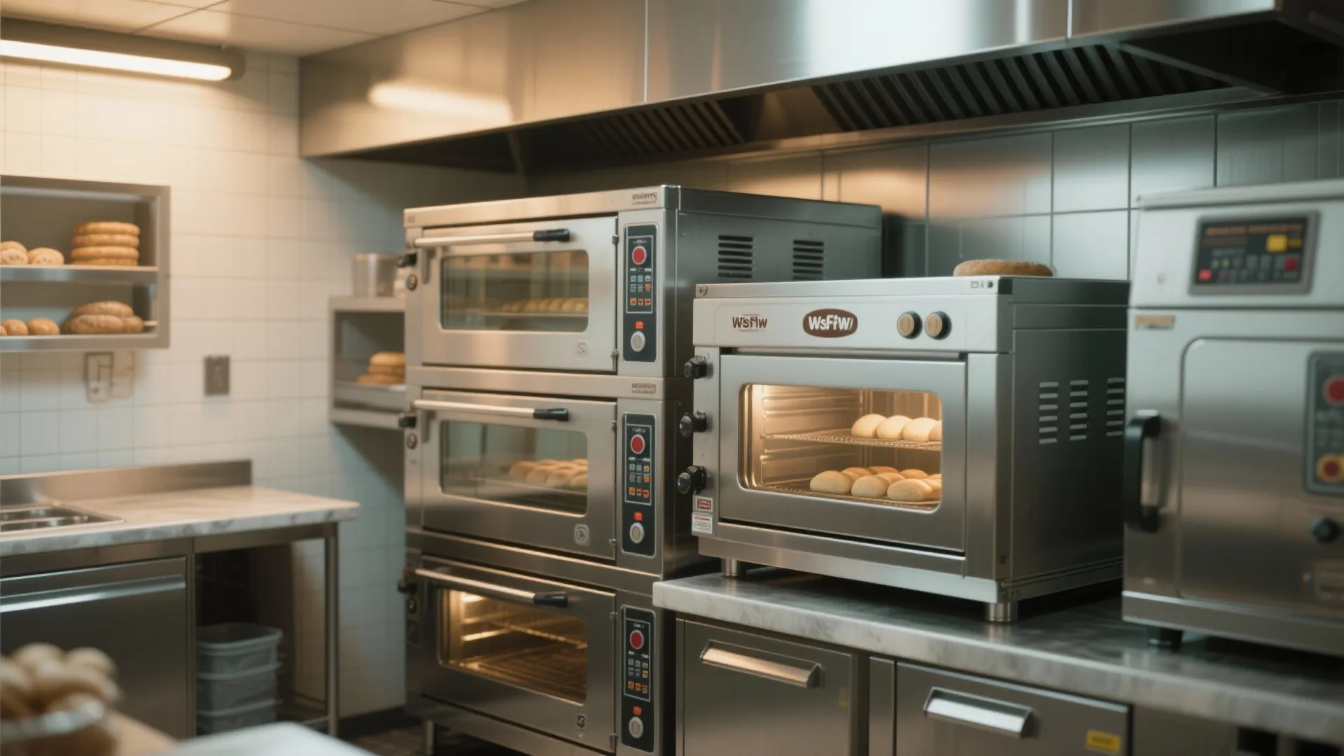 Stacked silver professional ovens with bread baking inside located in a clean commercial bakery kitchen