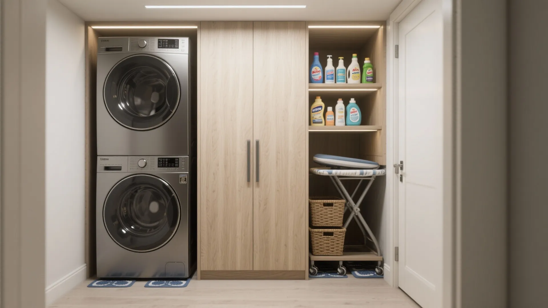 1. Stacked washer-dryer with a vertical pantry