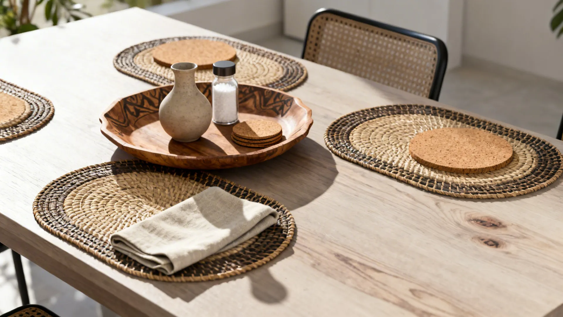 Layered rattan and cork placemats with an off-center wooden tray holding a small vase and salt on a dining table.