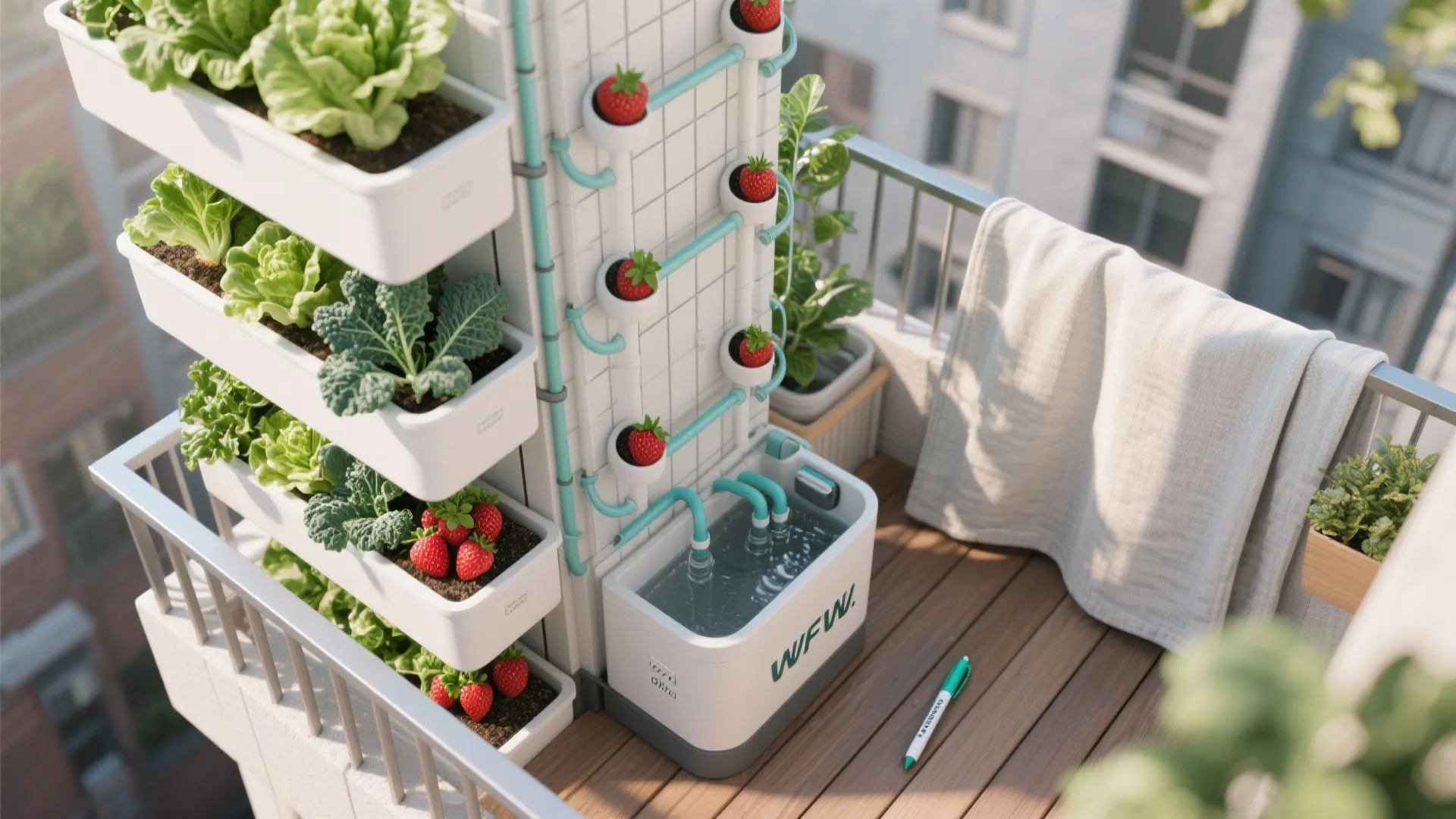 Top-down layout of stacked vertical planters and a compact hydroponic tower with leafy greens.