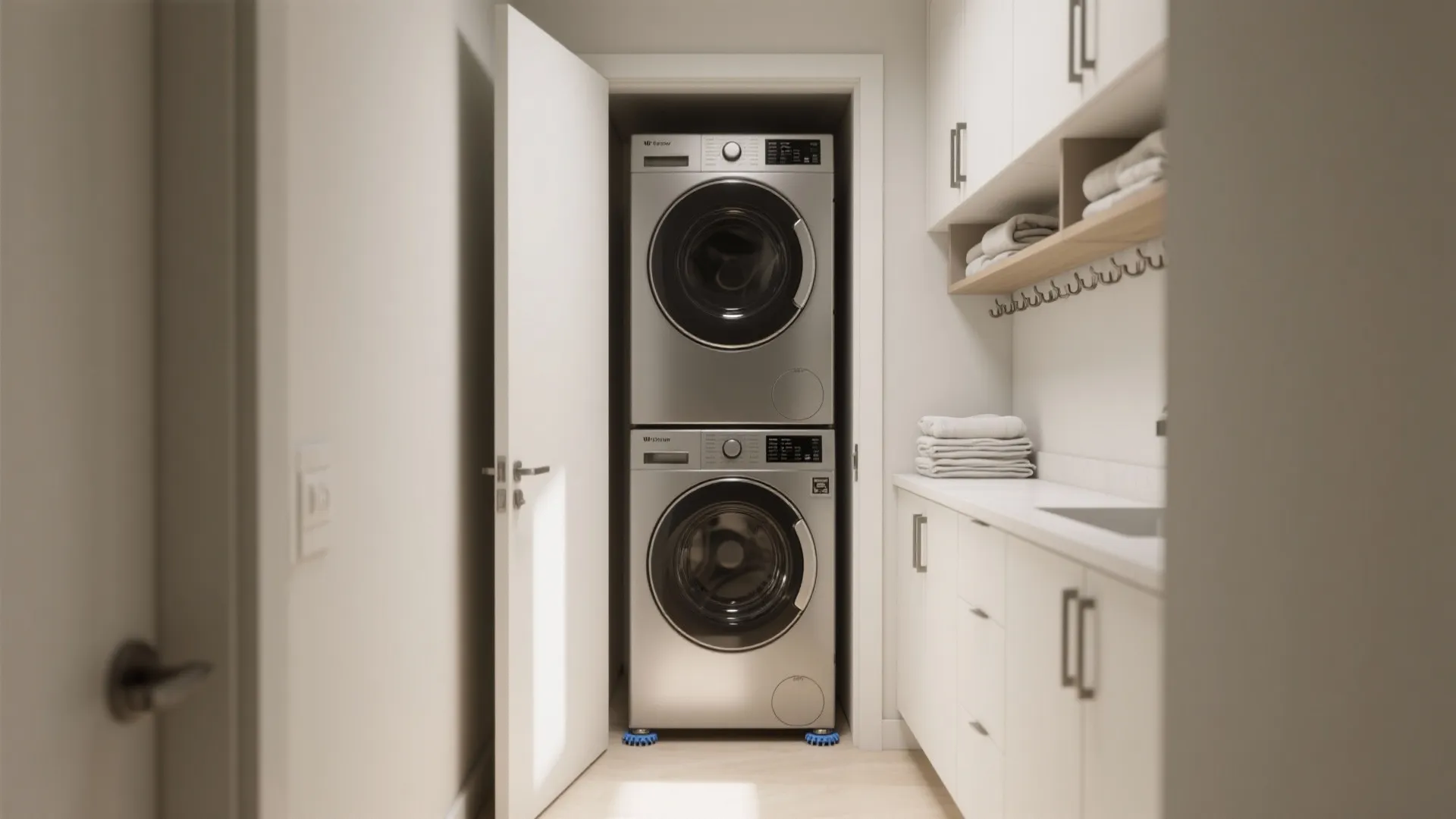Modern laundry closet with stacked silver washing machine and dryer next to white storage cabinets