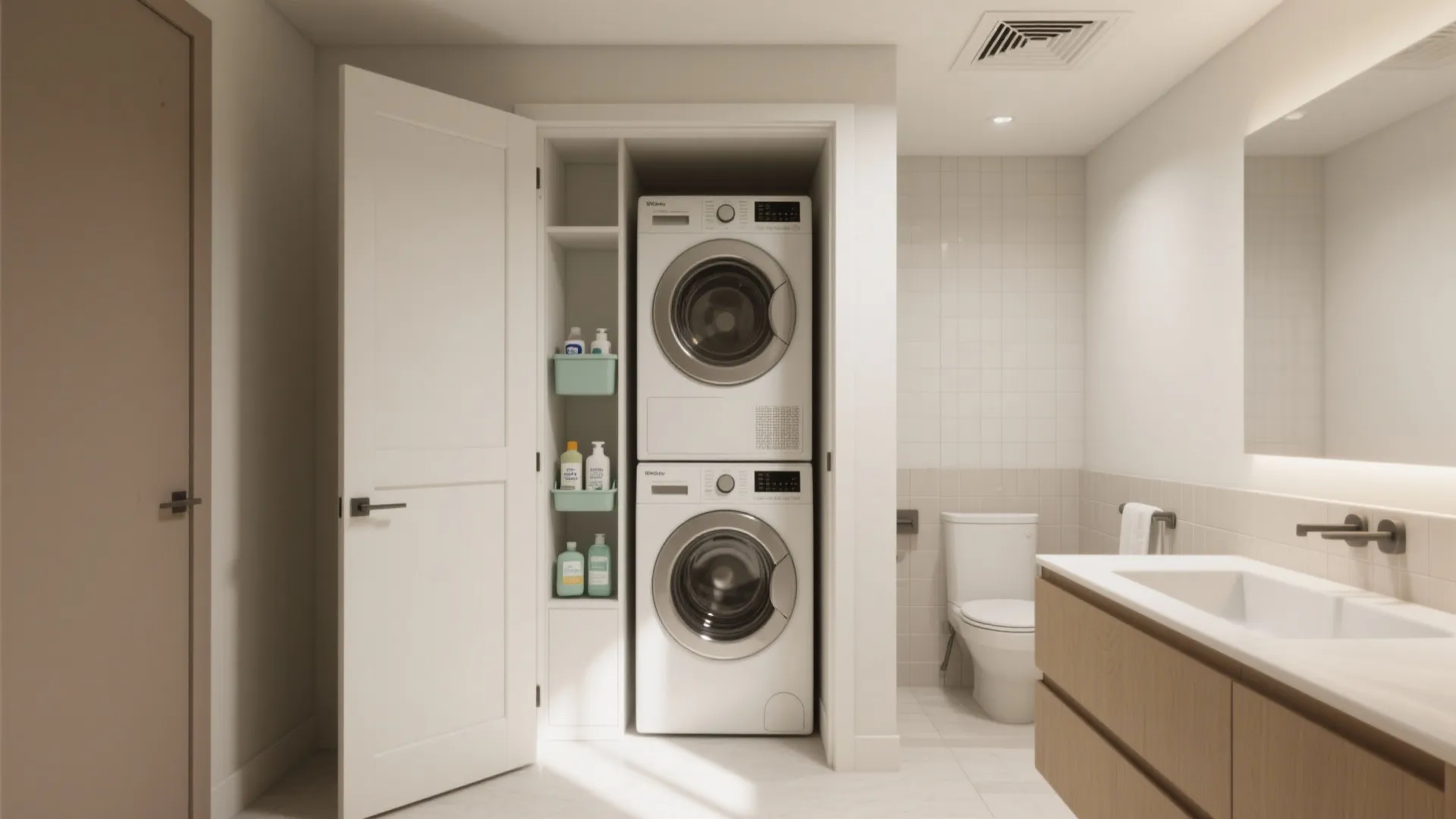 Modern bathroom featuring white stacked laundry machines inside a closet next to a vanity sink