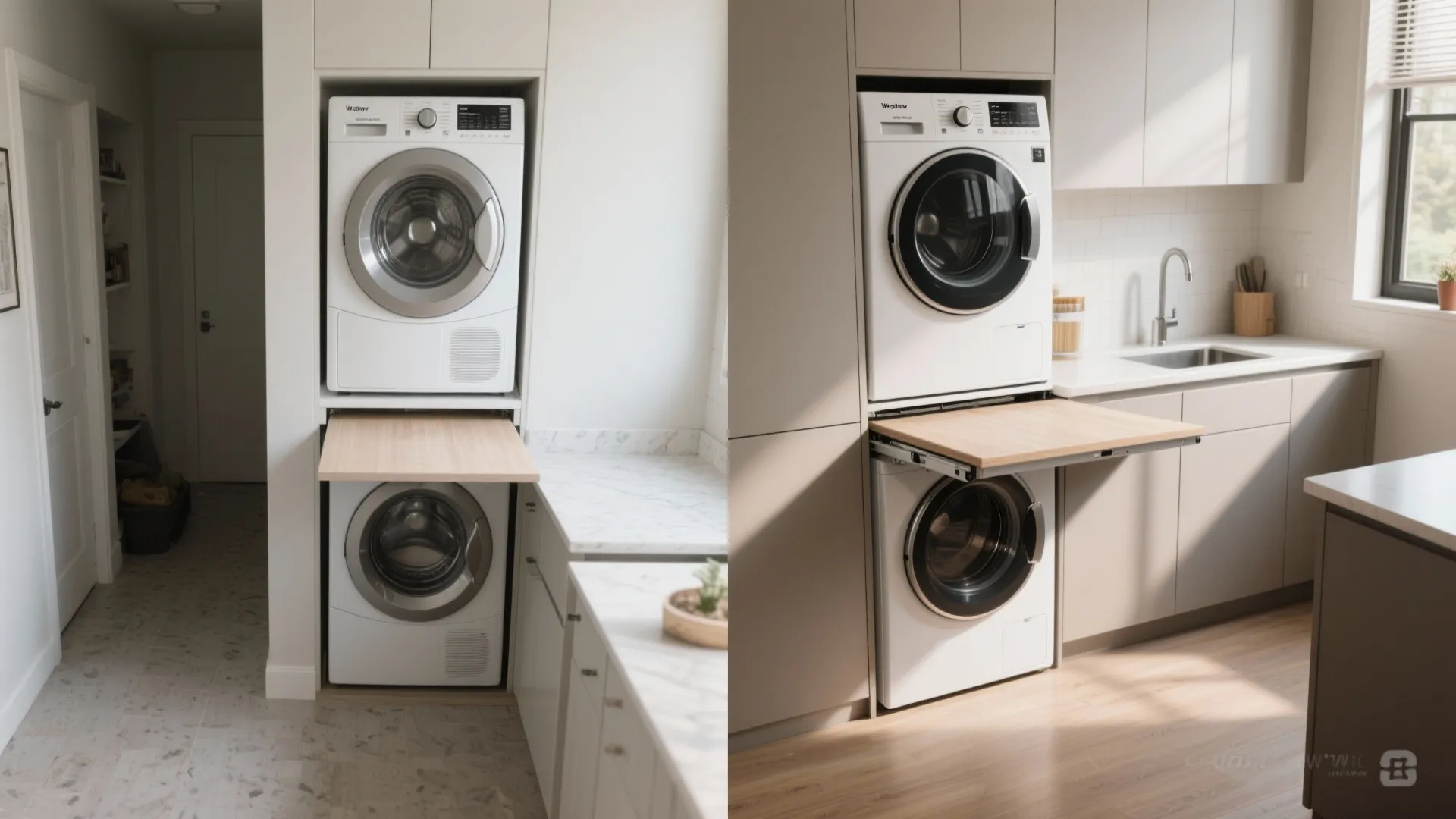 Stacked appliances with pull-out worktops