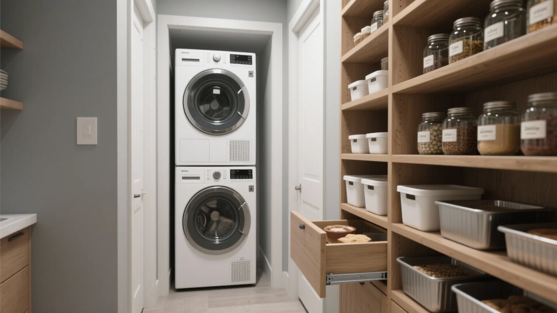 1. Stacked laundry with pull-out pantry