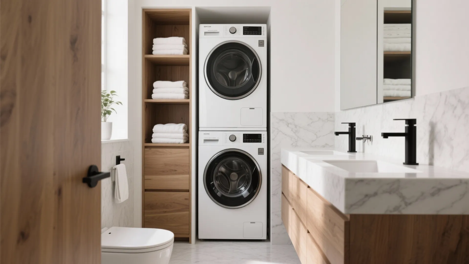 Modern bathroom with stacked washing machine and dryer next to wooden shelves and marble sink
