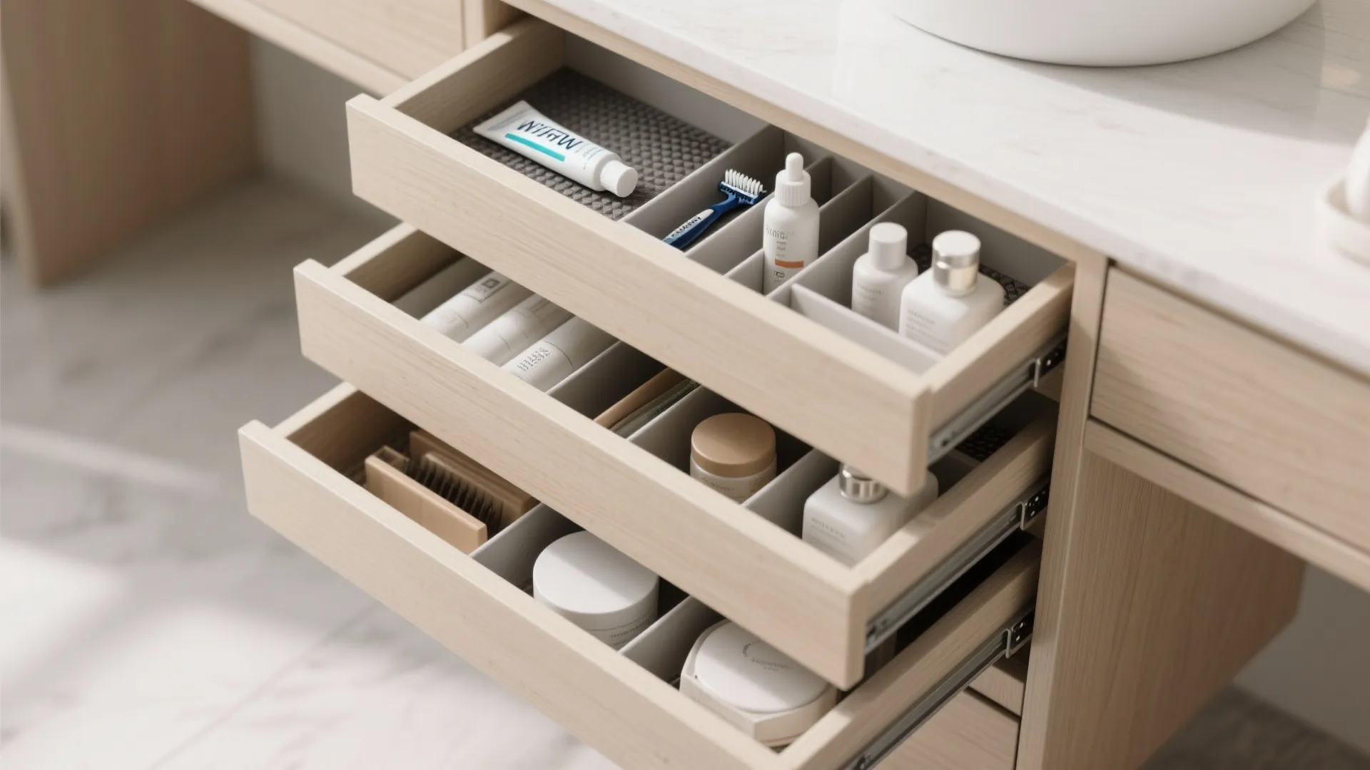 Three stacked open wooden drawers organized with white bottles toothpaste brushes and various small toiletries