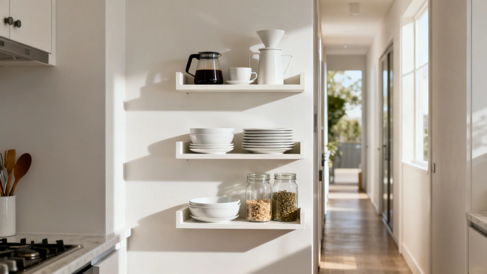 Three shallow open shelves zoned for coffee, plates, and pantry in a narrow galley kitchen.