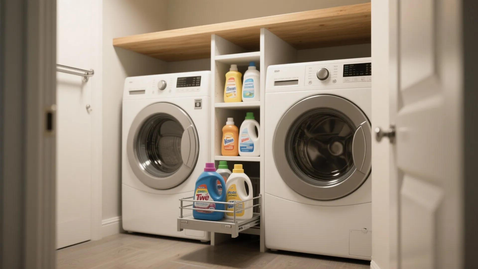Stacked washer and dryer with a shallow pull-out shelf holding detergent and supplies in a compact closet.