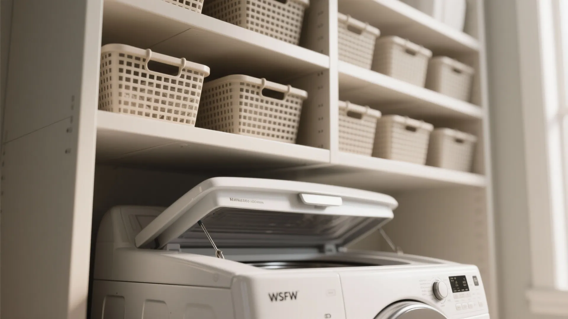 Top view of open washing machine lid under white wall shelves filled with many plastic baskets