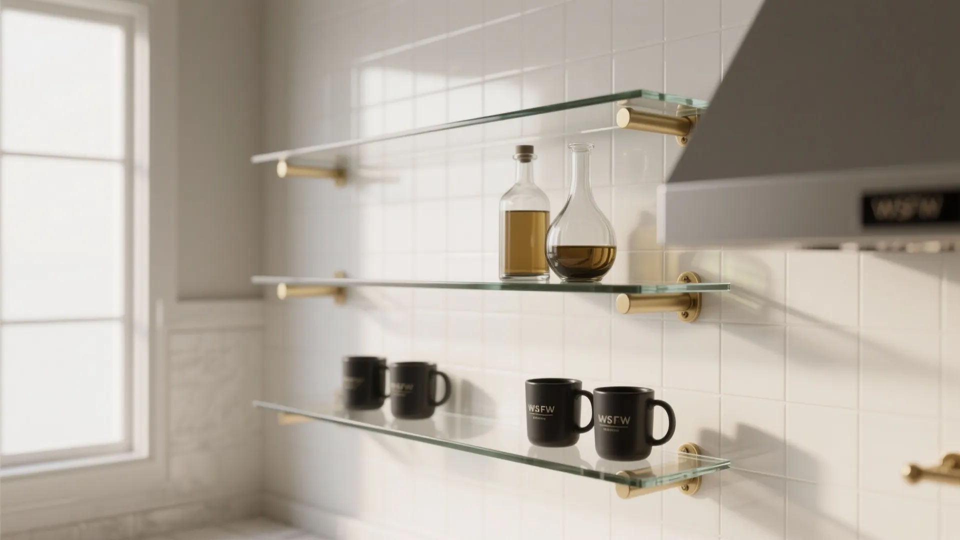 Three long glass wall shelves with gold supports holding black mugs and glass oil bottles