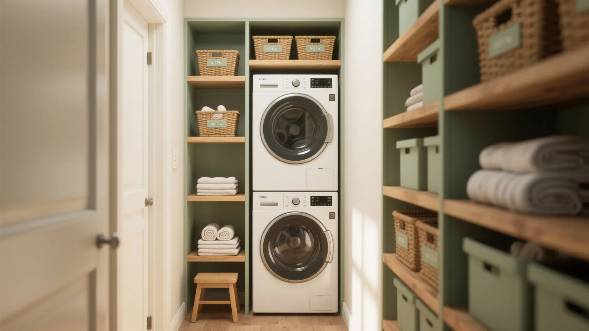 Small laundry nook featuring stacked white washing machines with green built in shelves and storage baskets