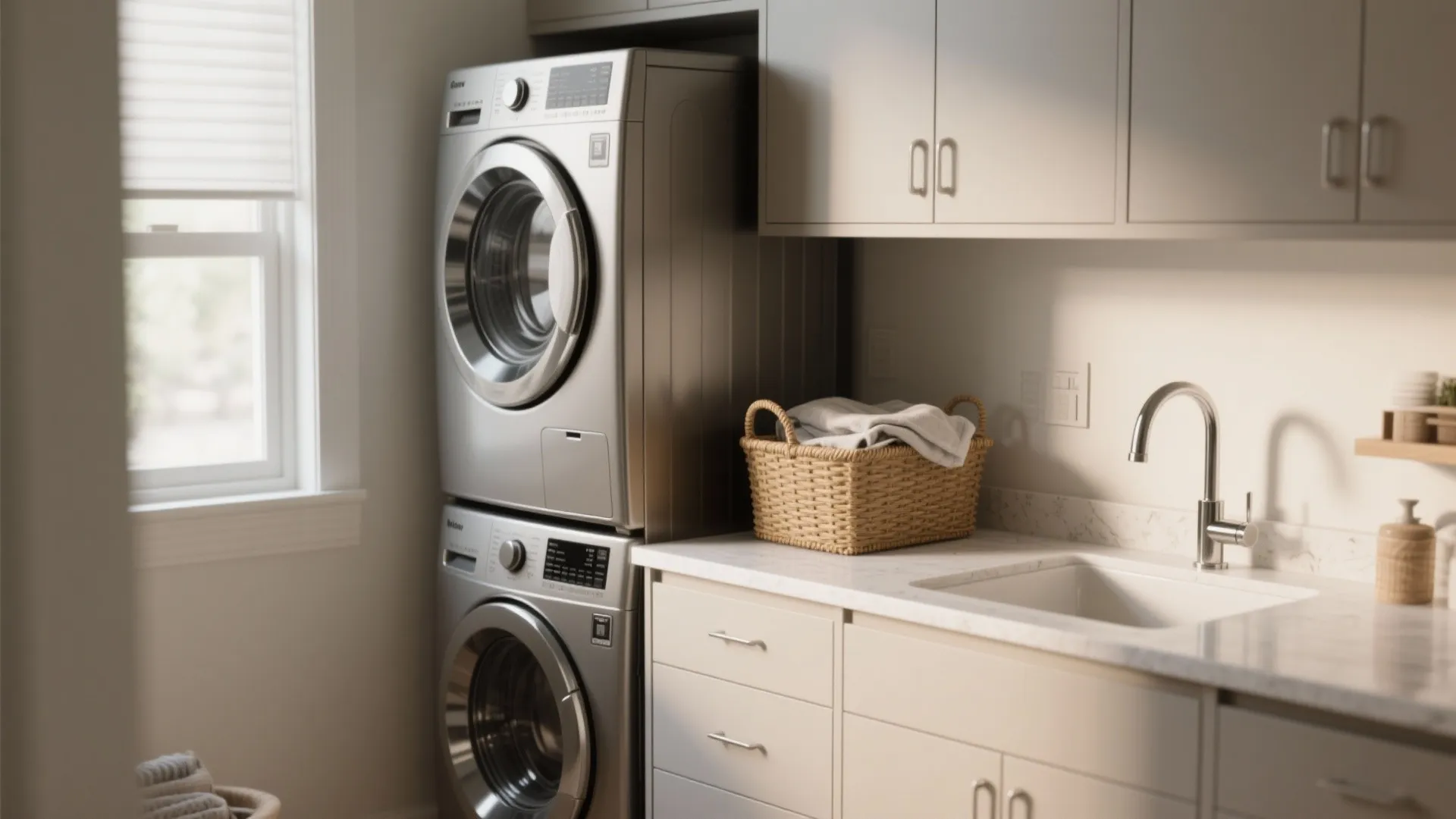 Modern laundry room with stacked silver washing machines beside white marble countertop and small sink