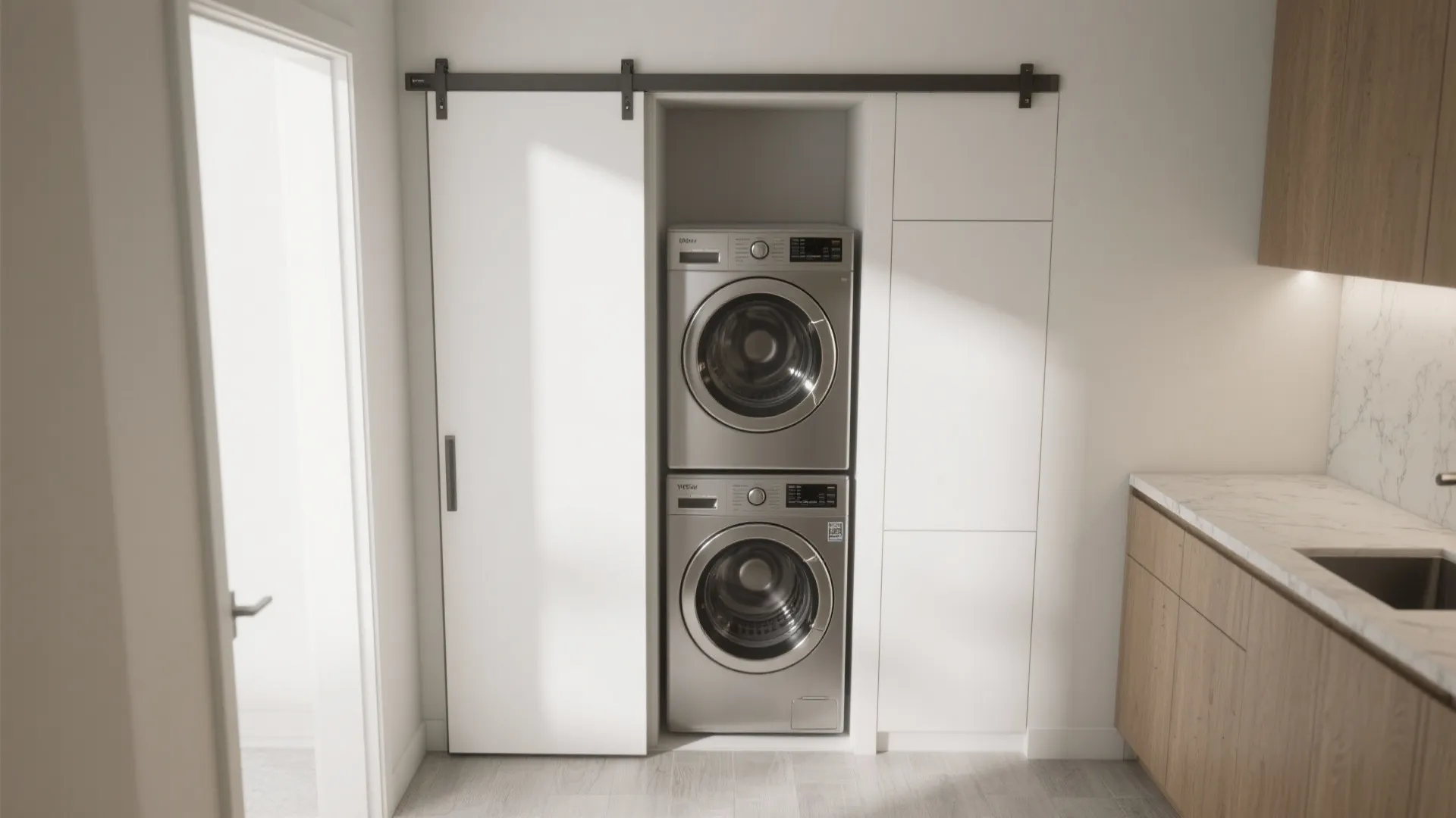 Compact stacked washer–dryer behind a sliding door