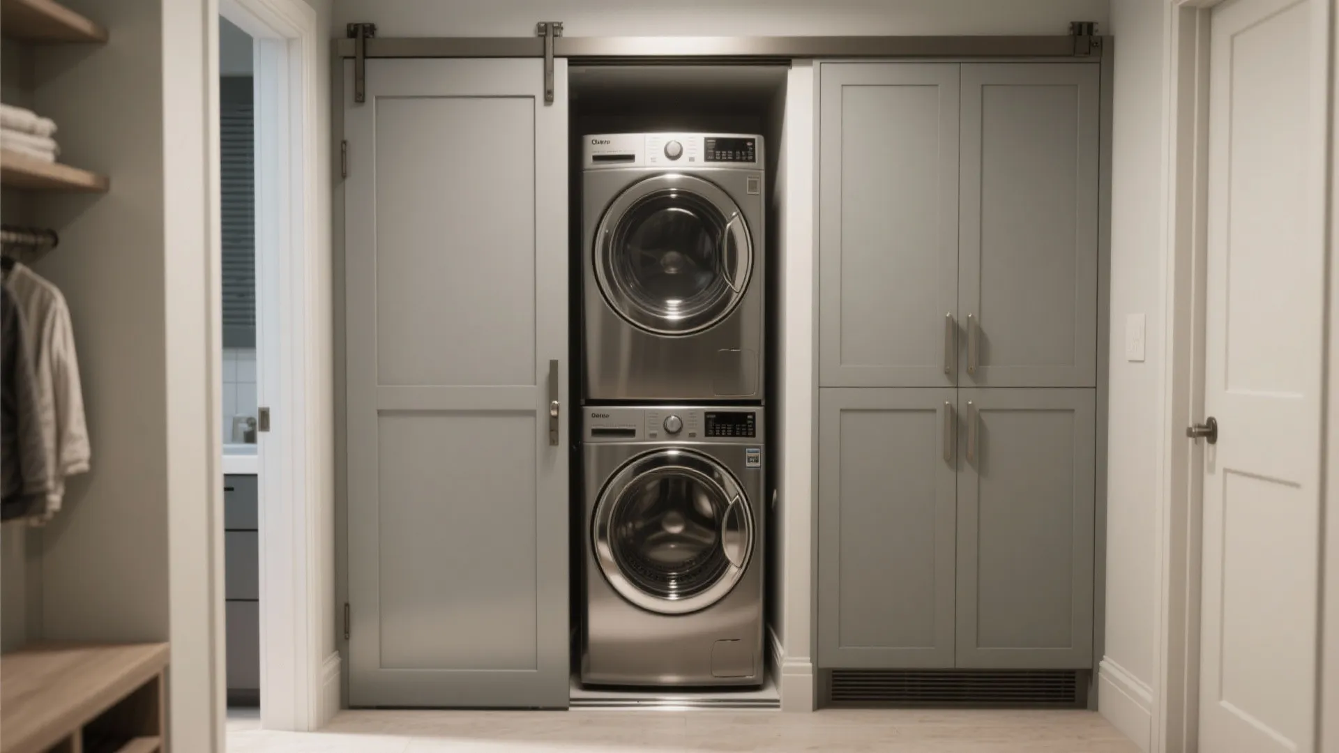 3. Stacked Appliances + Sliding Doors for Flexibility