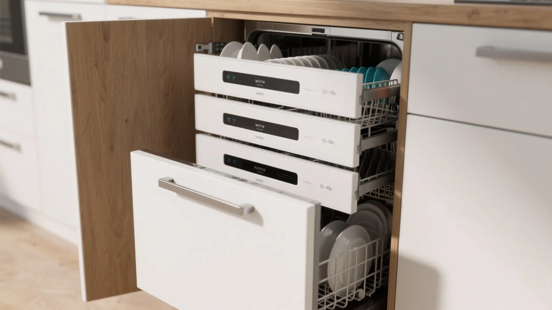 Tall cabinet with stacked slimline dishwashers and removable service panel for ventilation access