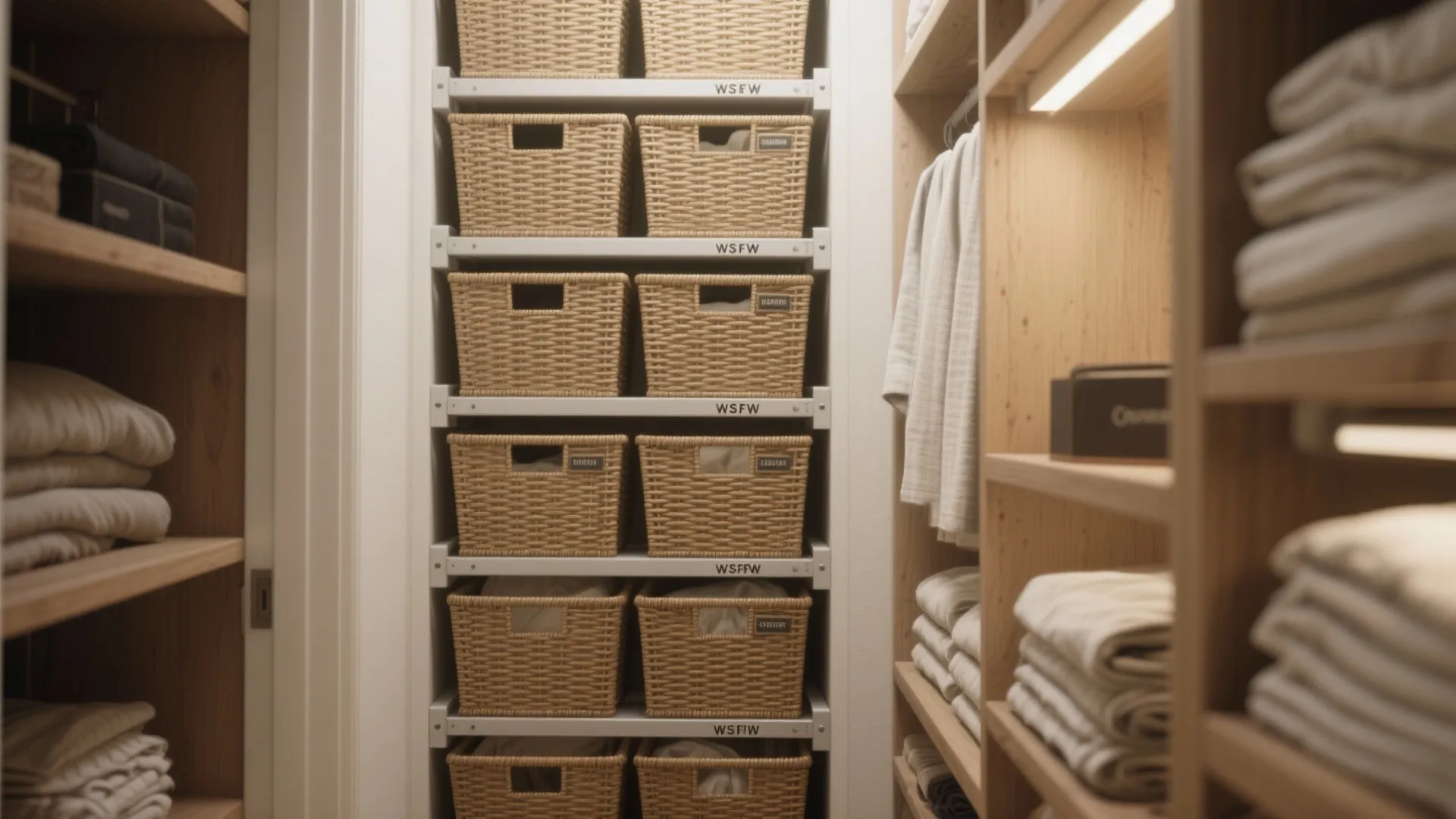 Storage room interior design drawing featuring organized woven baskets on white metal shelves with towels