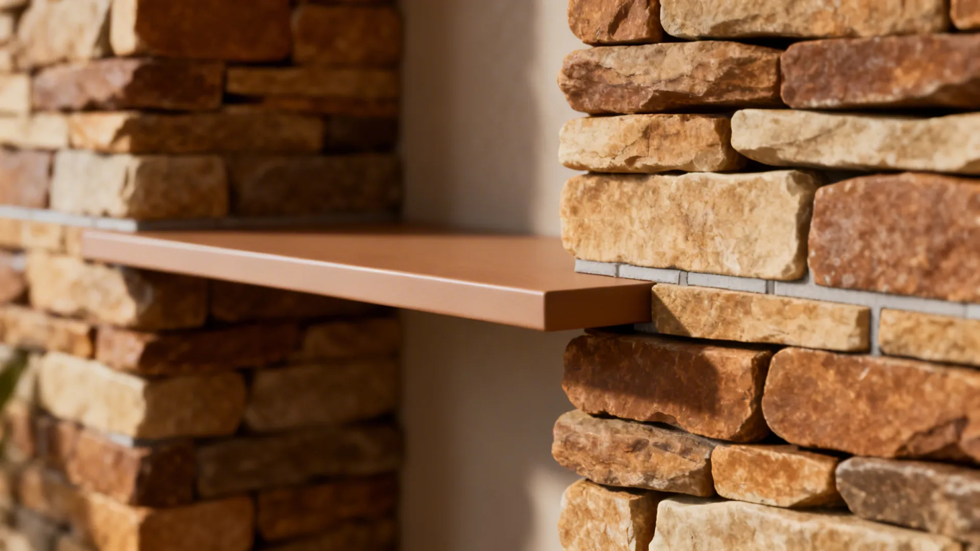 Macro detail of warm stacked stone texture with slim floating shelf and subtle grout lines.