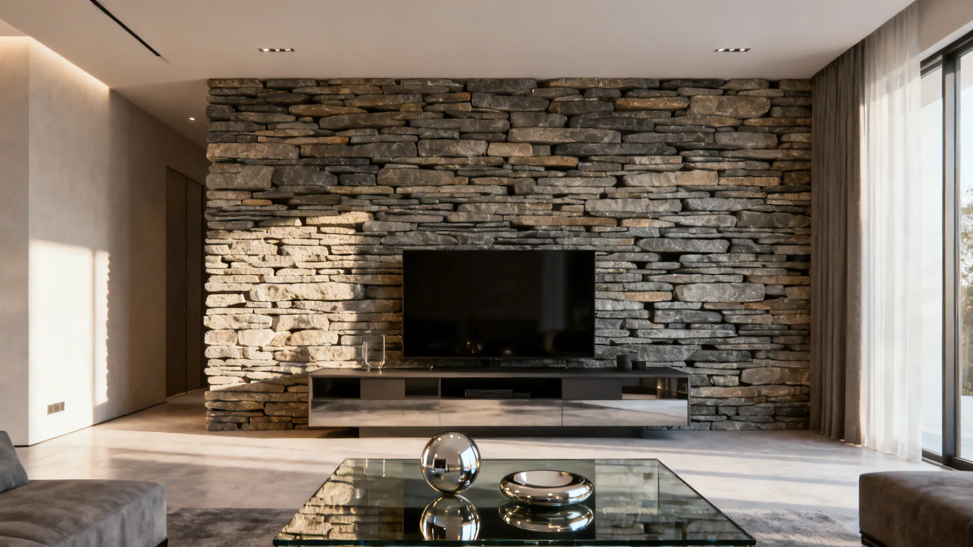 Living room with a dramatic floor-to-ceiling stacked stone wall balanced by light paint and reflective surfaces.