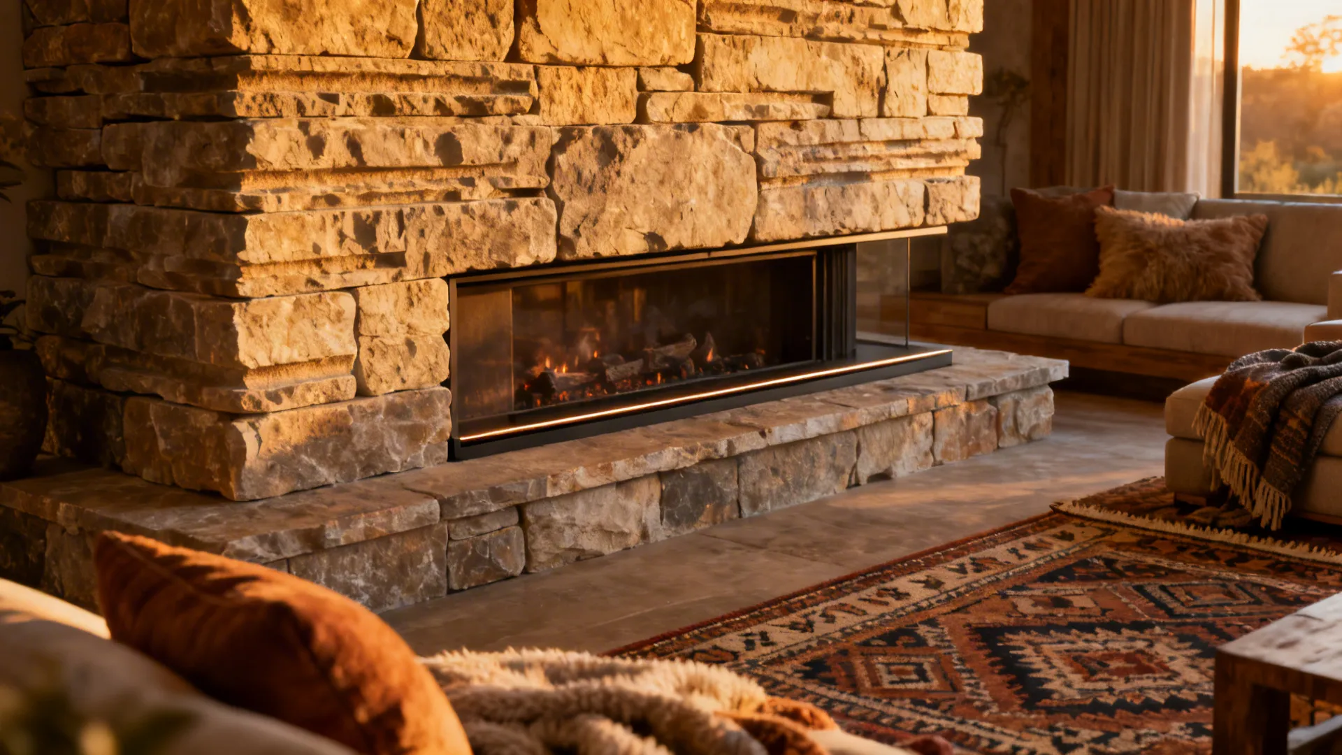 Modern living room featuring large stone fireplace with warm lighting next to a comfortable sofa