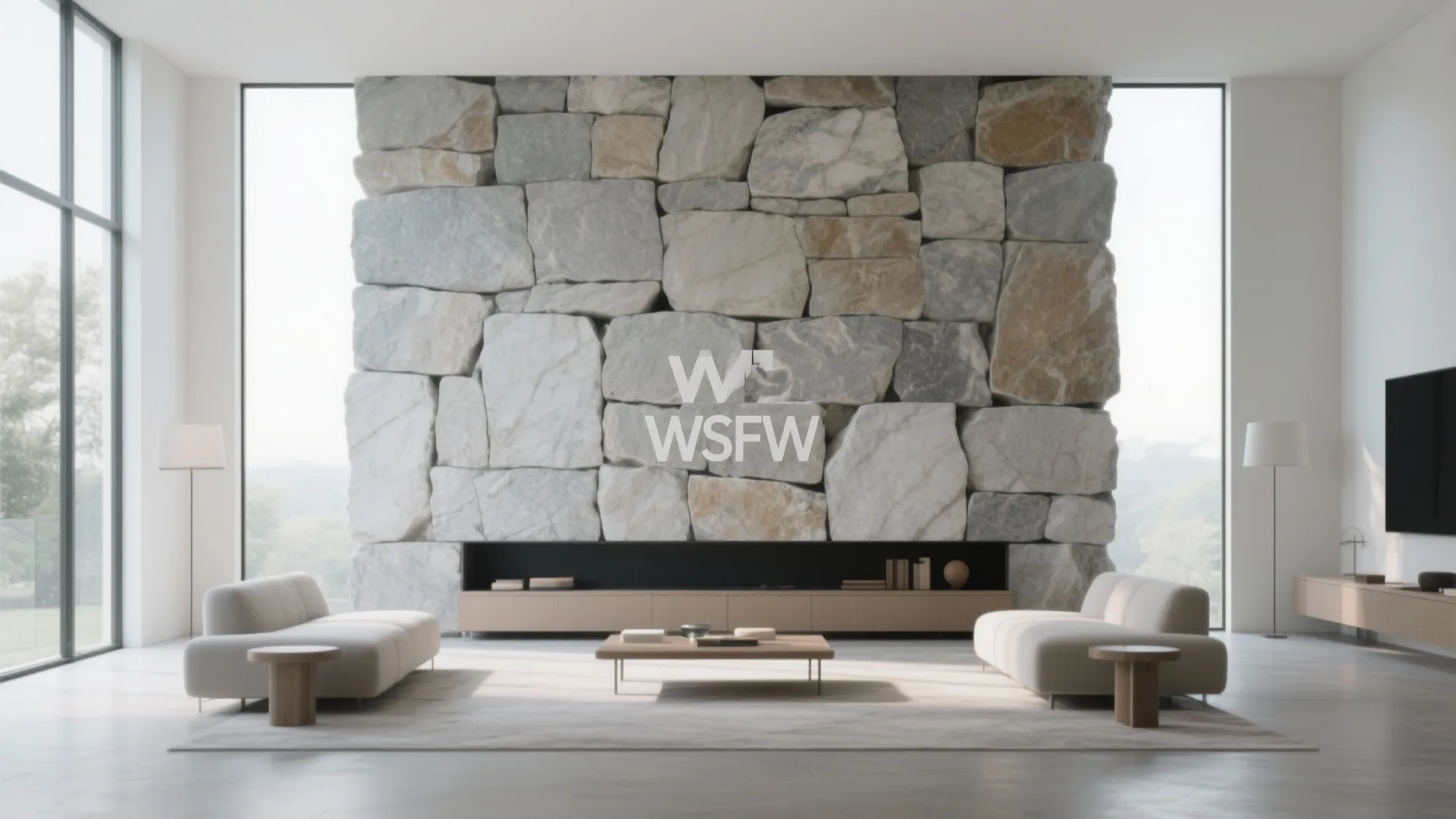 Minimalist living room with large stacked stone wall behind two sofas and a coffee table