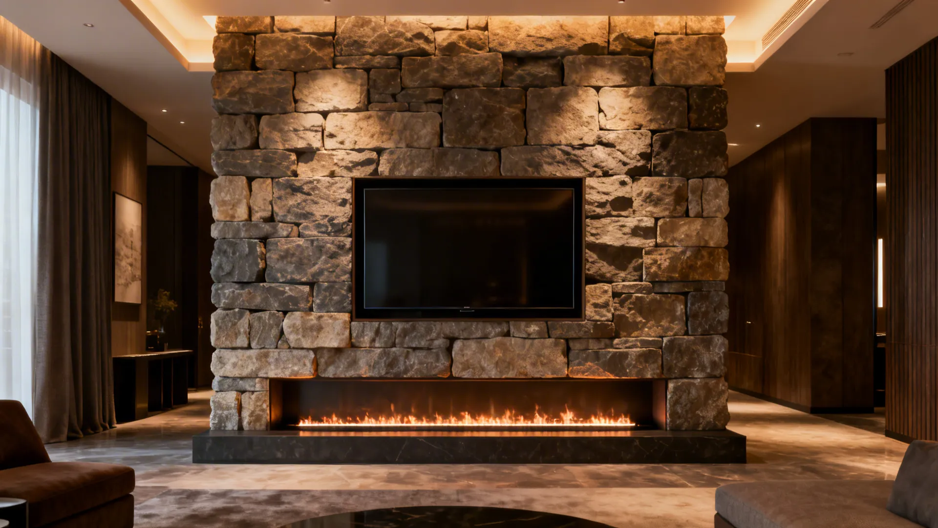 Full-height stacked stone wall with recessed TV and electric fireplace creating a dramatic focal point