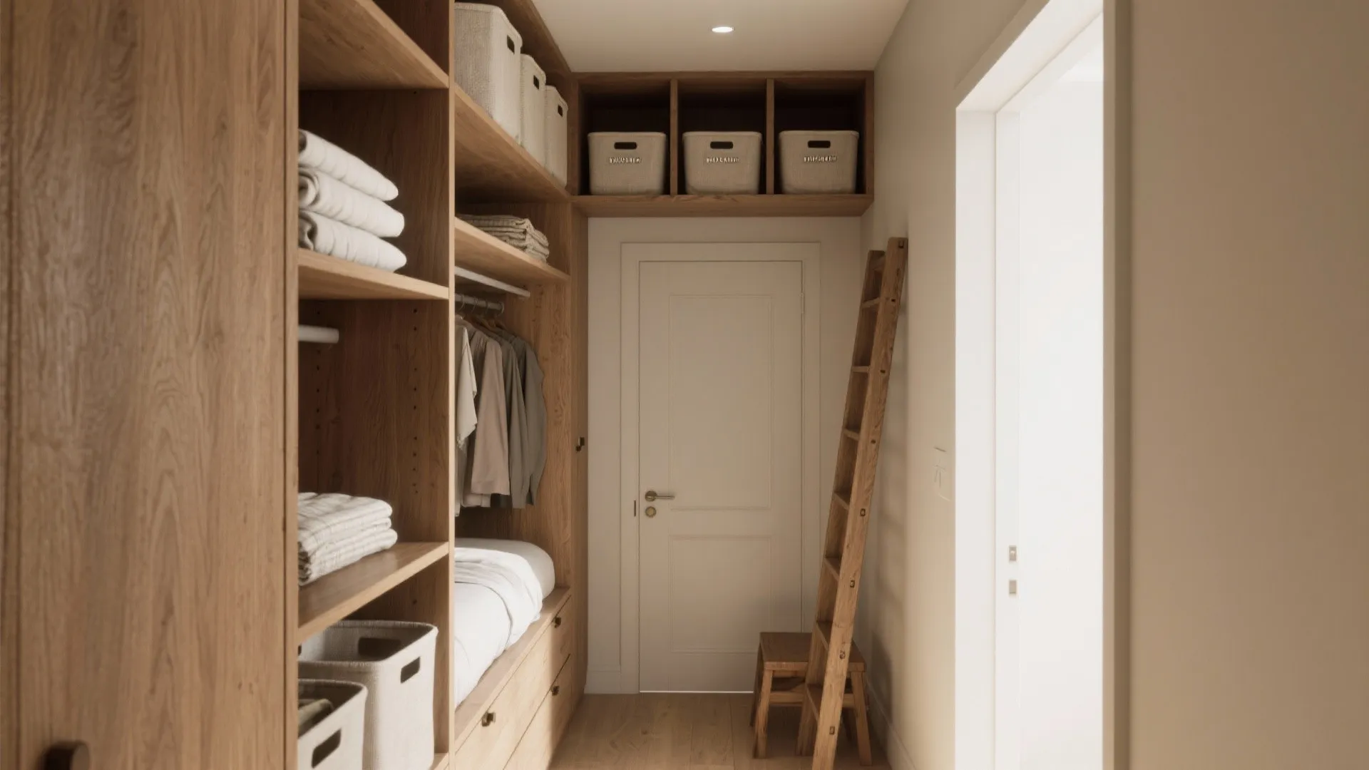 Tall built-in shelving and overhead storage in a hallway showing efficient vertical storage